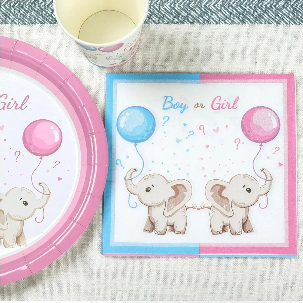 Baby Gender Decoration Kit 96 Pieces, Pink and Blue Plates Set, Boy or Girl Cups